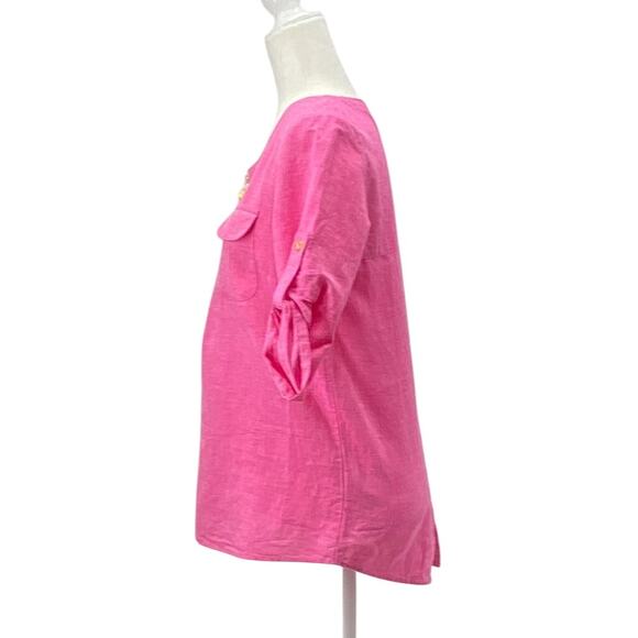 Ellen Tracy Pink Linen Cotton Top S Gold Zip Tassel 3/4 Sleeve Pockets Slit Back - Picture 2 of 16